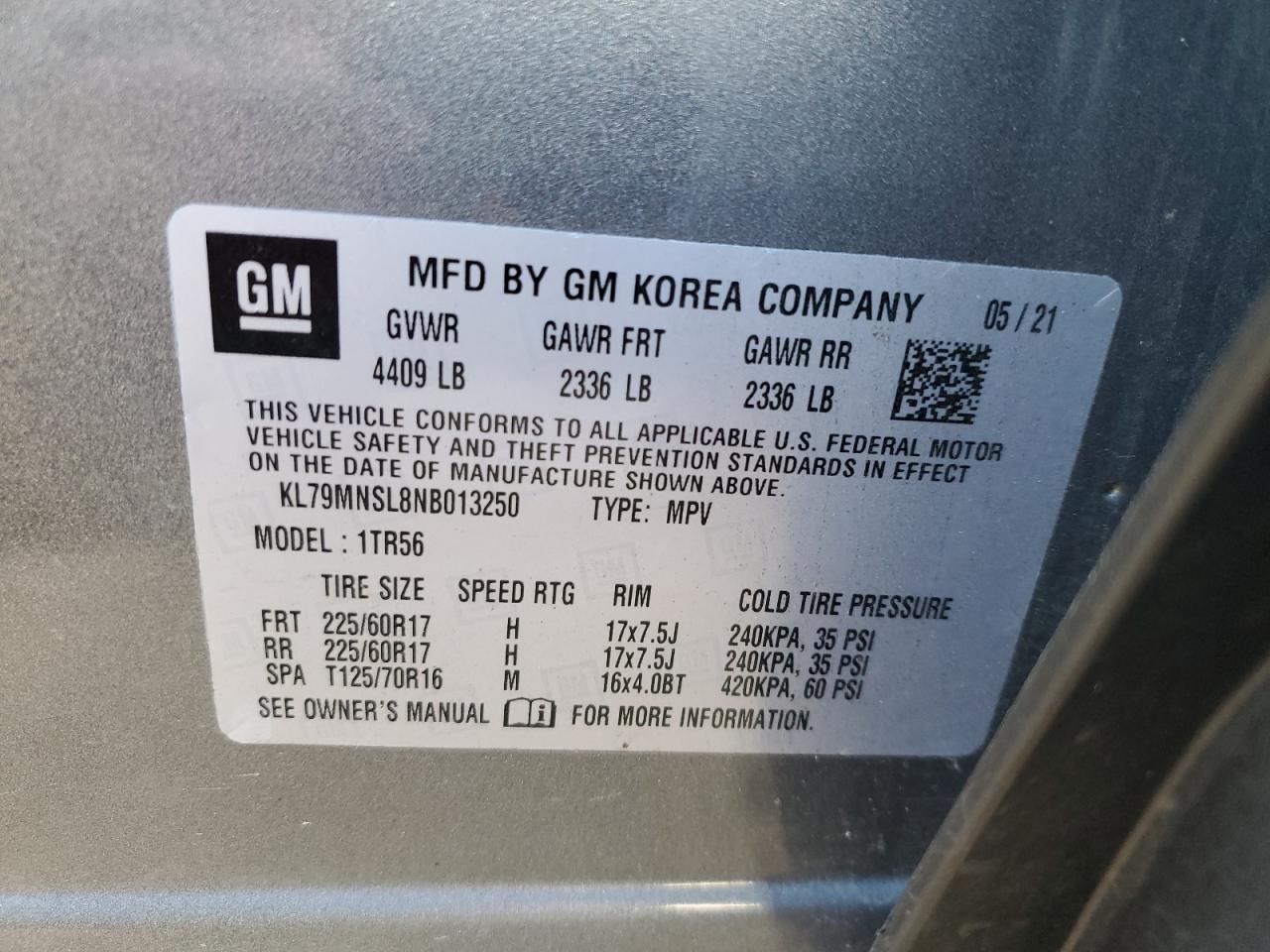 2022 CHEVROLET TRAILBLAZER LS VIN:KL79MNSL8NB013250