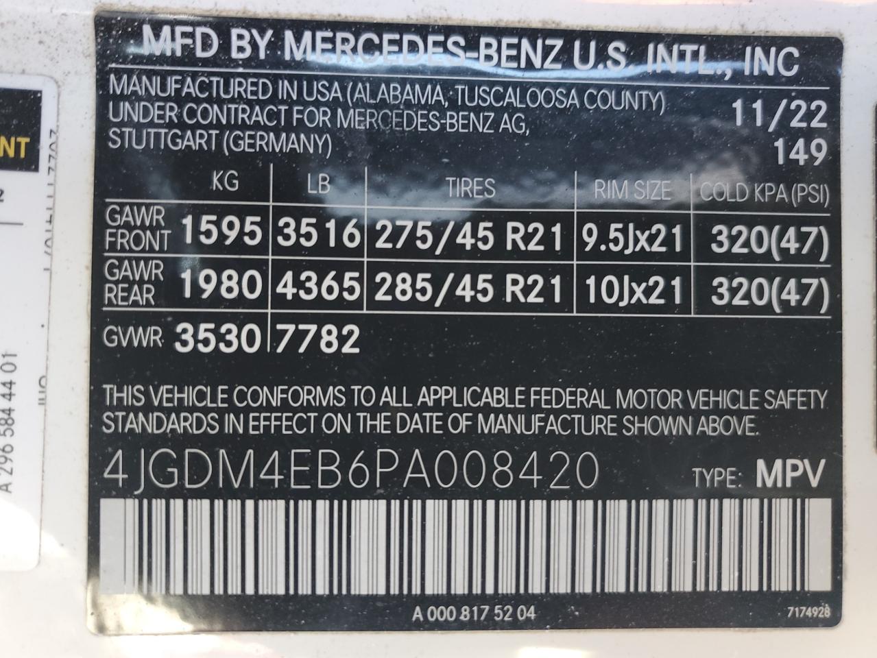 2023 MERCEDES-BENZ EQS SUV 580 4MATIC VIN:4JGDM4EB6PA008420