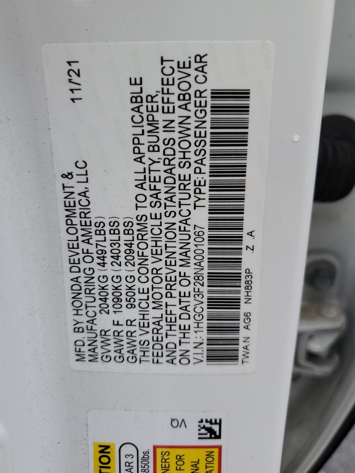 2022 HONDA ACCORD HYBRID SPORT VIN:1HGCV3F28NA001067