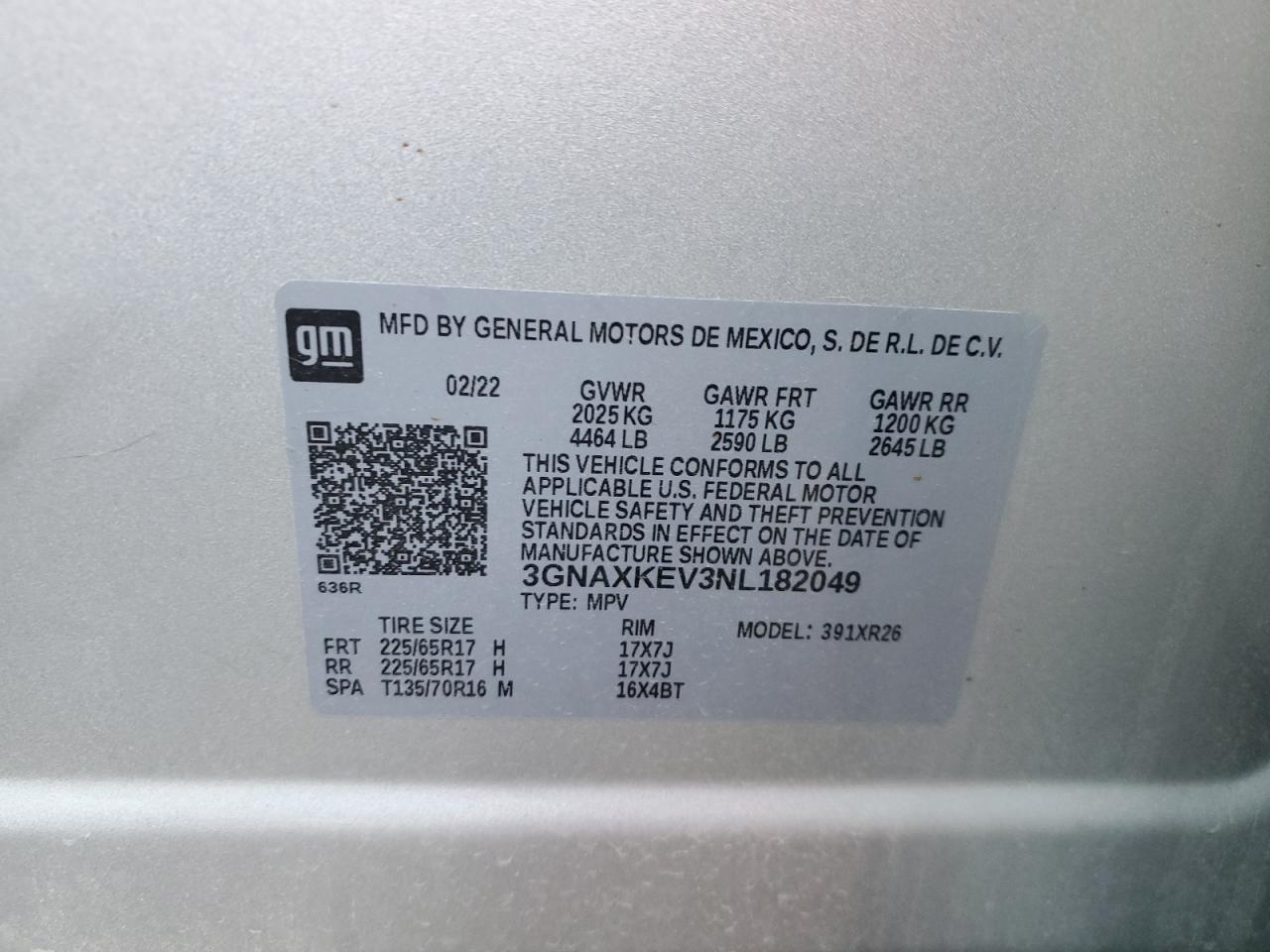 2022 CHEVROLET EQUINOX LT VIN:3GNAXKEV3NL182049