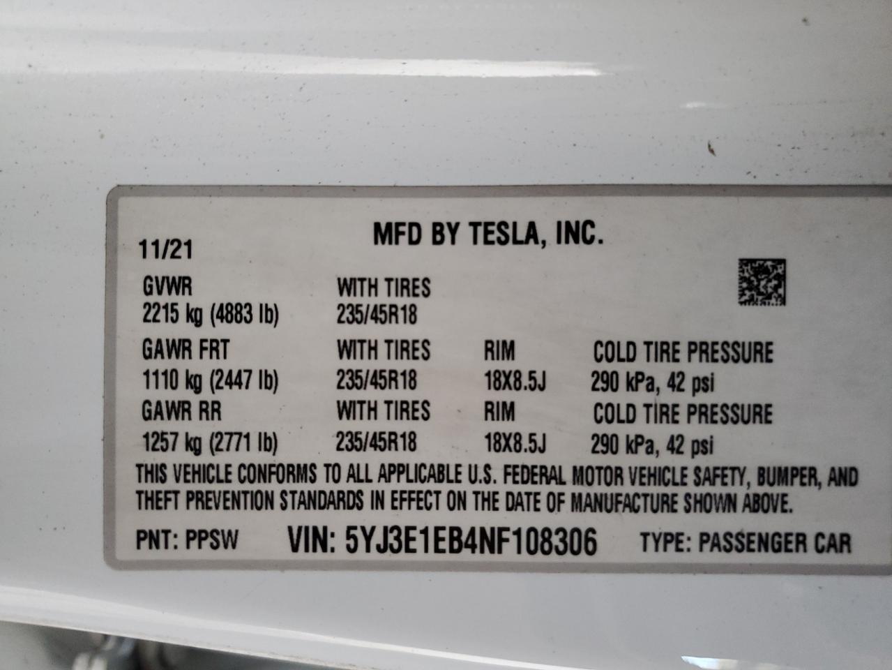 2022 TESLA MODEL 3  VIN:5YJ3E1EB4NF108306