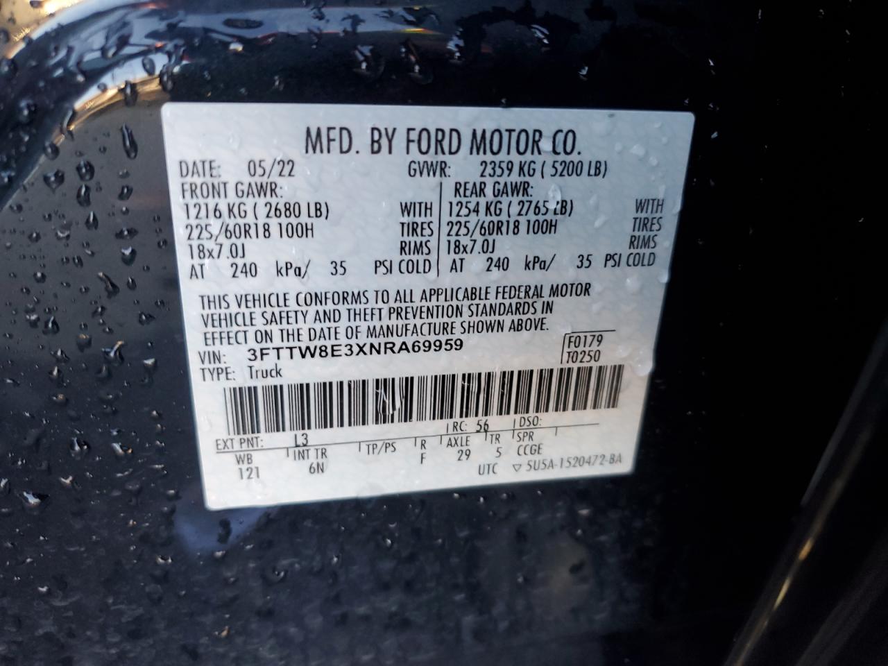 2022 FORD MAVERICK XL VIN:3FTTW8E3XNRA69959