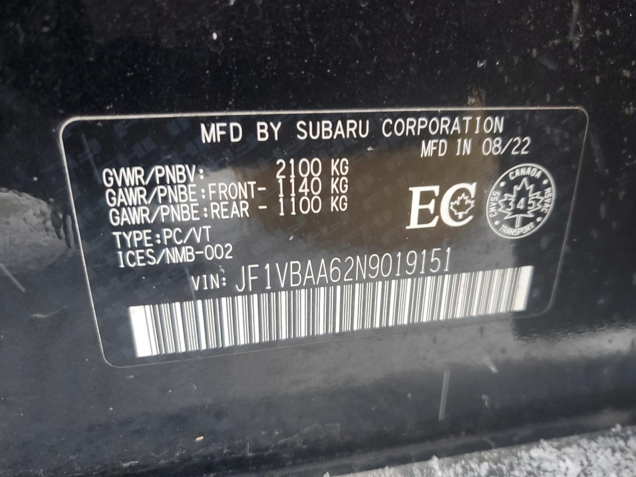 2022 SUBARU WRX  VIN:JF1VBAA62N9019151