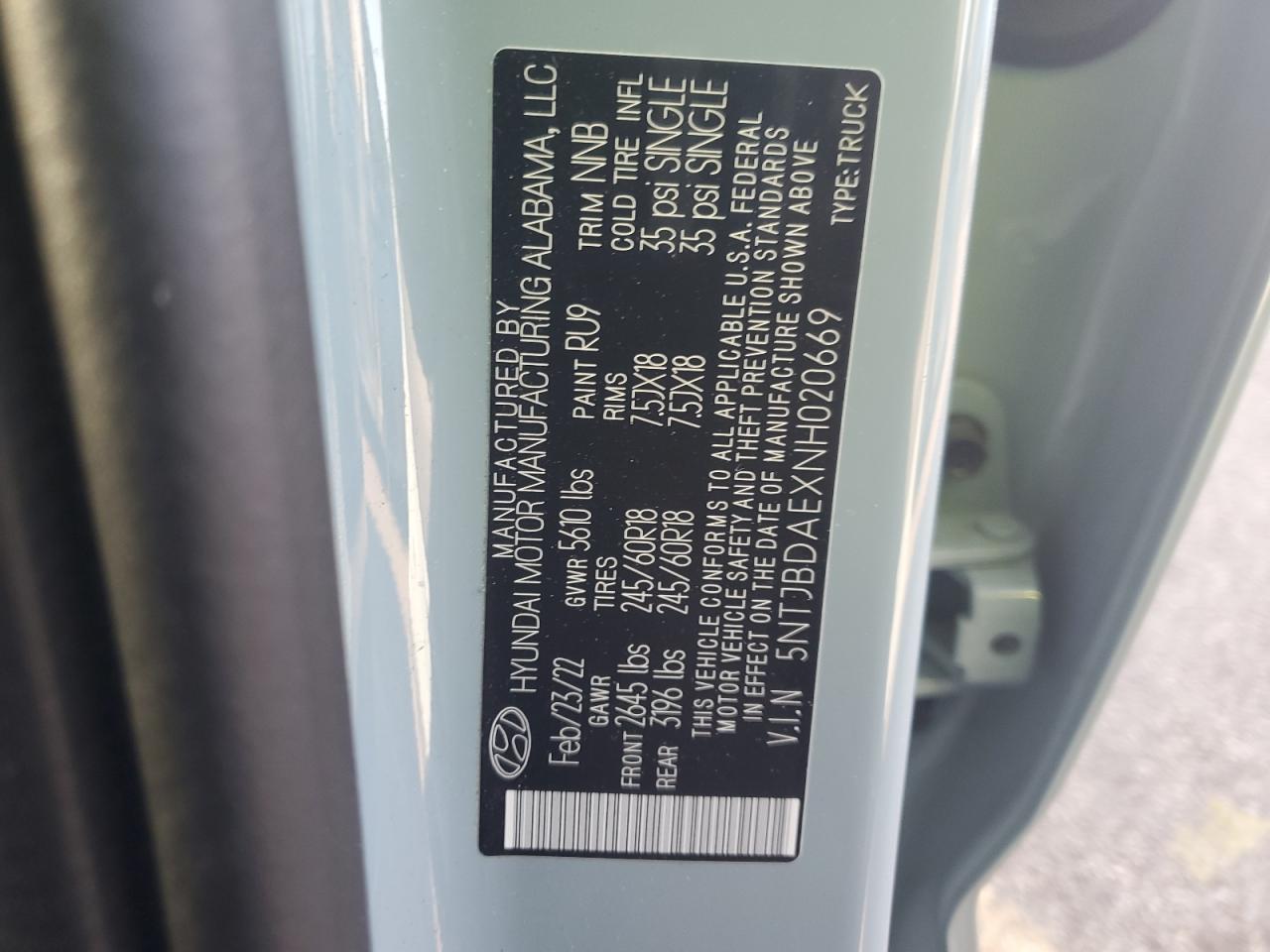 2022 HYUNDAI SANTA CRUZ SEL VIN:5NTJBDAEXNH020669