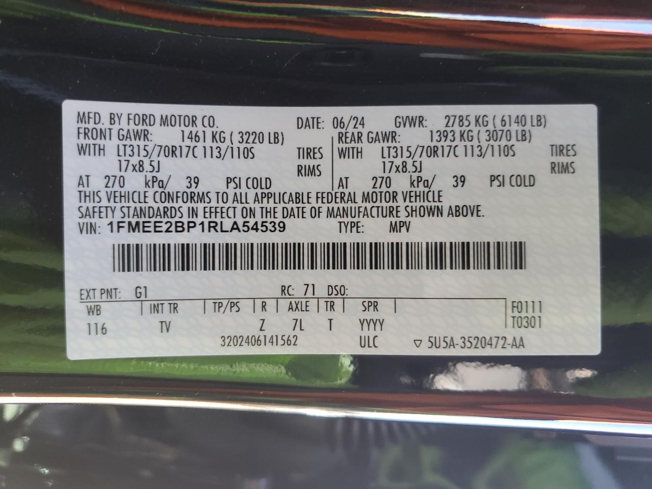 2024 FORD BRONCO WILDTRAK VIN:1FMEE2BP1RLA54539