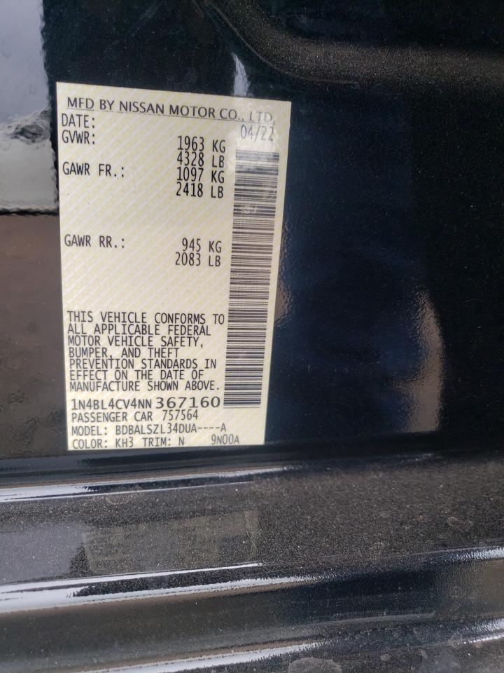 2022 NISSAN ALTIMA SR VIN:1N4BL4CV4NN367160
