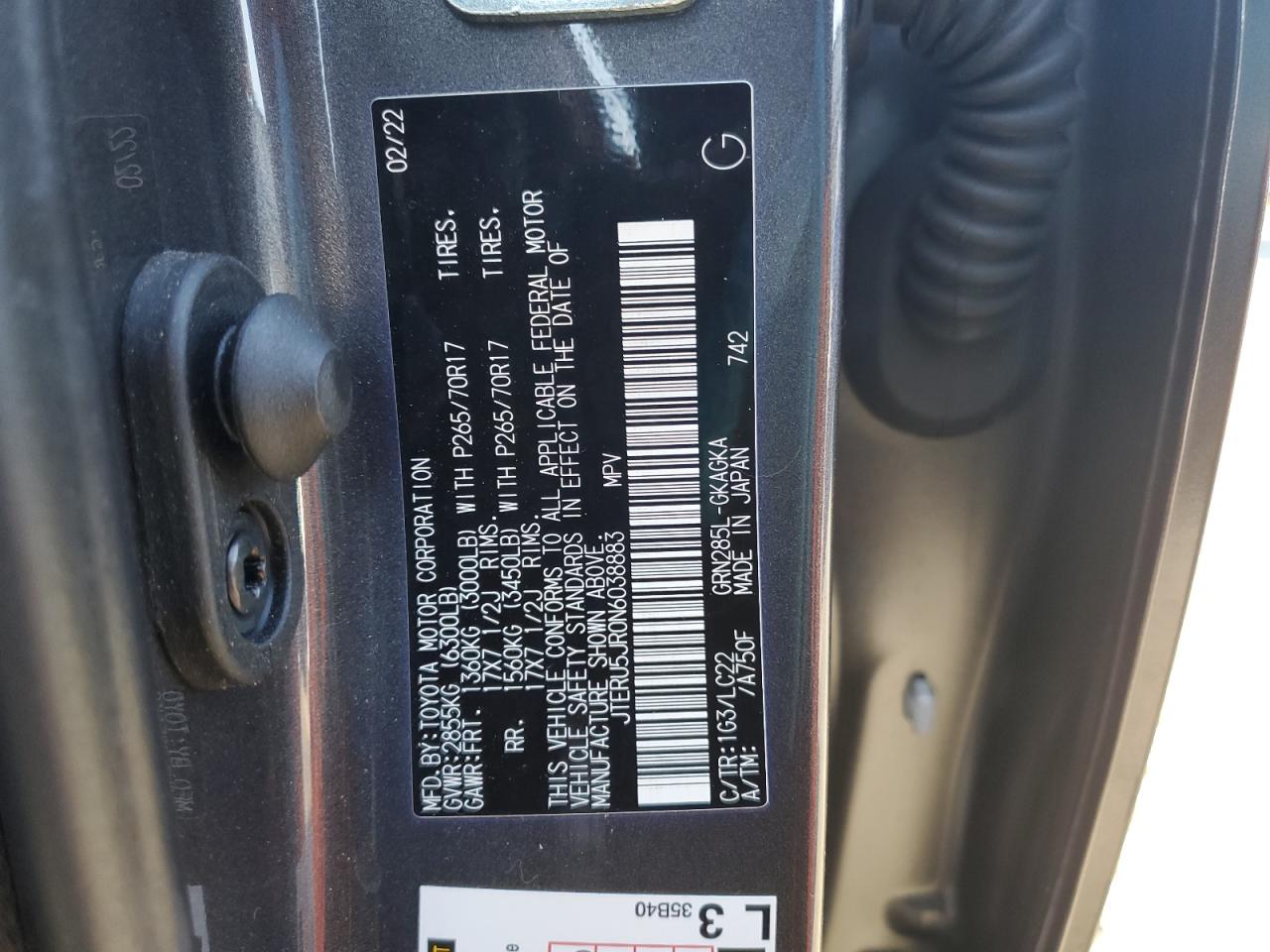 2022 TOYOTA 4RUNNER SR5 PREMIUM VIN:JTERU5JR0N6038883