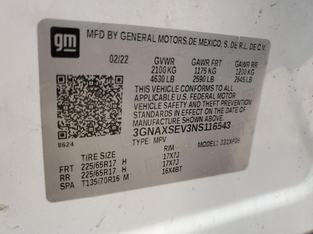 2022 CHEVROLET EQUINOX LS VIN:3GNAXSEV3NS116543