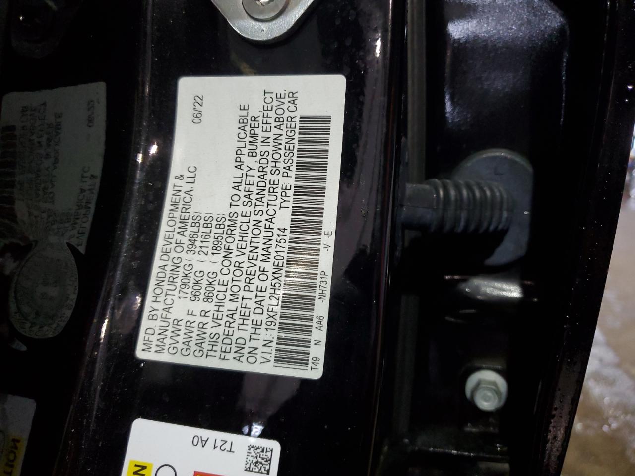 2022 HONDA CIVIC LX VIN:19XFL2H5XNE017514