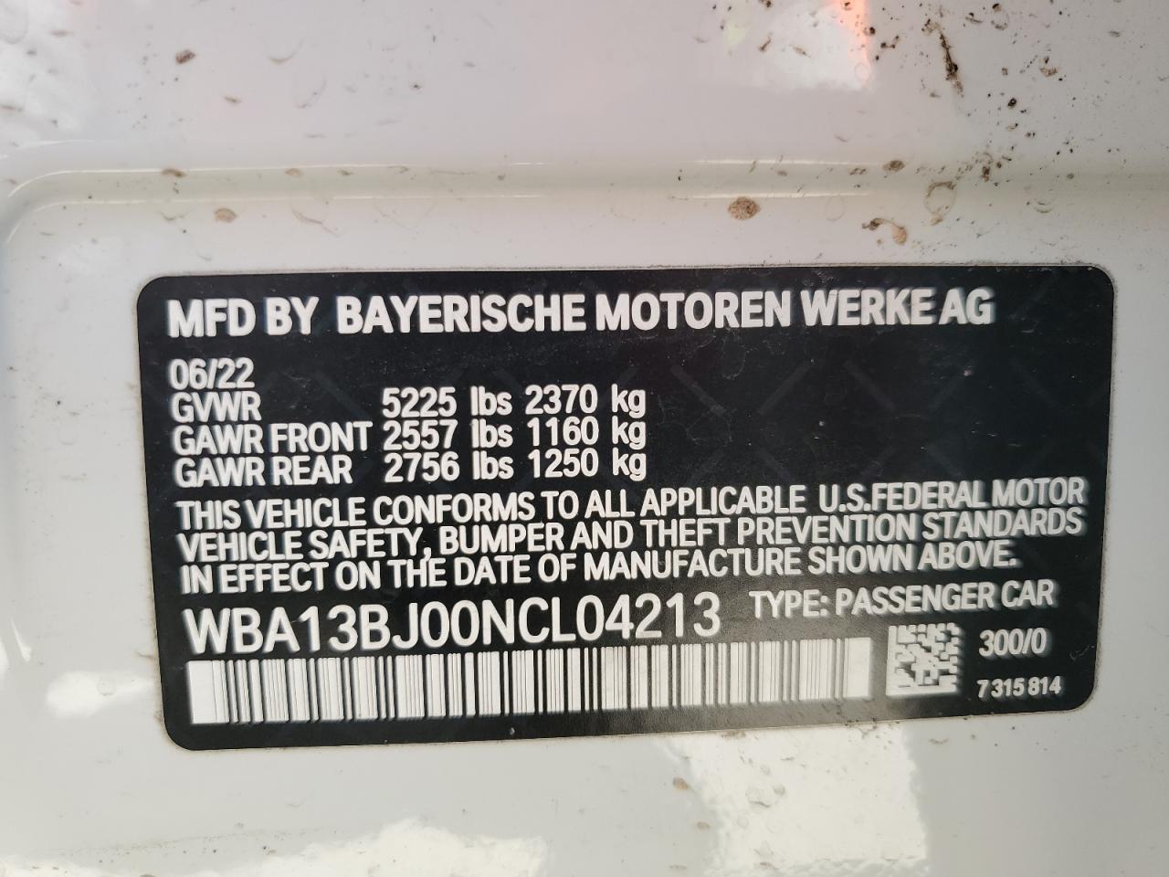 2022 BMW 530 XI VIN:WBA13BJ00NCL04213