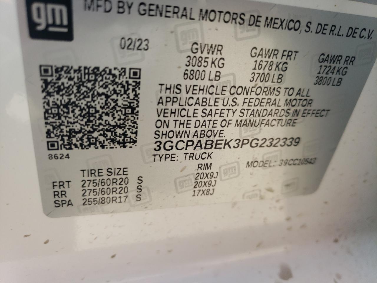 2023 CHEVROLET SILVERADO C1500 CUSTOM VIN:3GCPABEK3PG232339