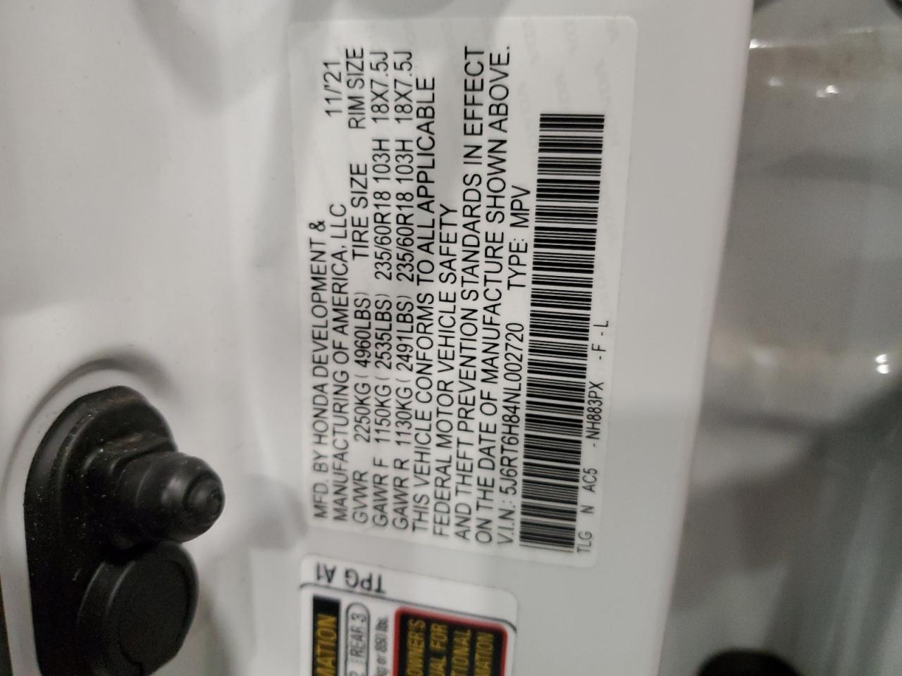 2022 HONDA CR-V EXL VIN:5J6RT6H84NL002720