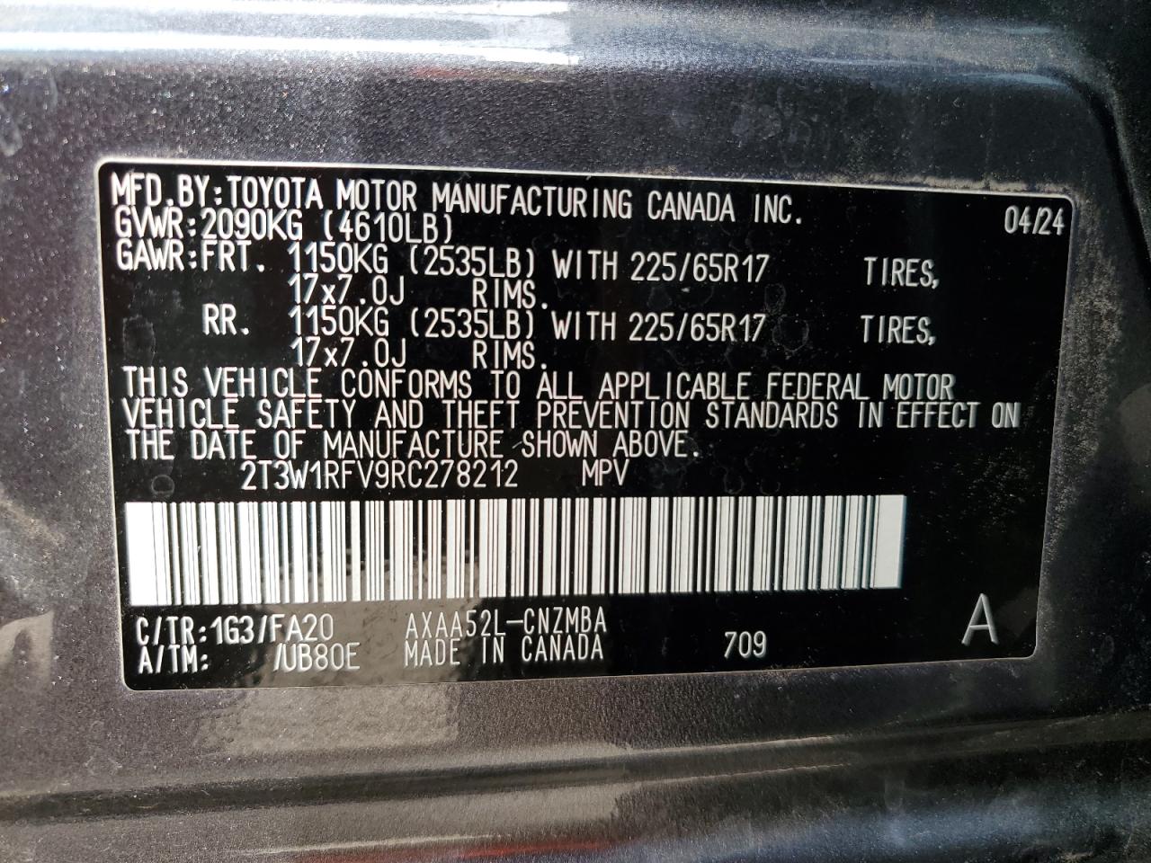 2024 TOYOTA RAV4 XLE VIN:2T3W1RFV9RC278212