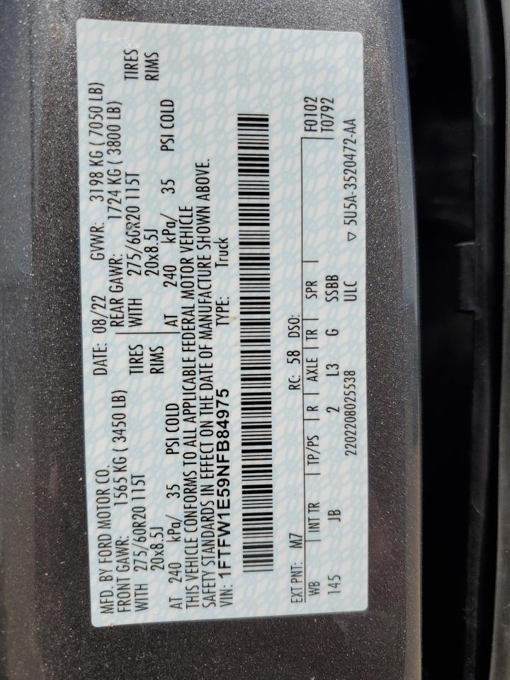 2022 FORD F150 SUPERCREW VIN:1FTFW1E59NFB84975