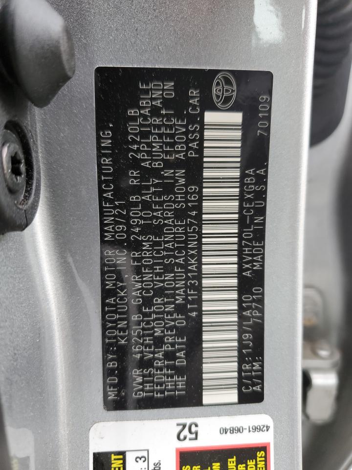 2022 TOYOTA CAMRY XLE VIN:4T1F31AKXNU574169