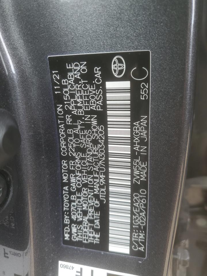 2022 TOYOTA PRIUS LE VIN:JTDL9MFU7N3034205