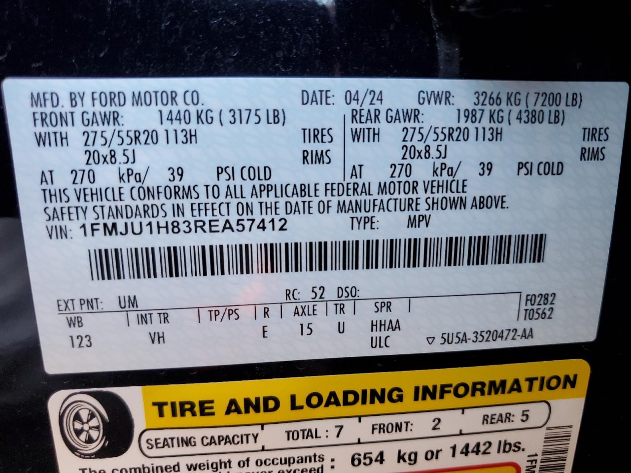 2024 FORD EXPEDITION XLT VIN:1FMJU1H83REA57412