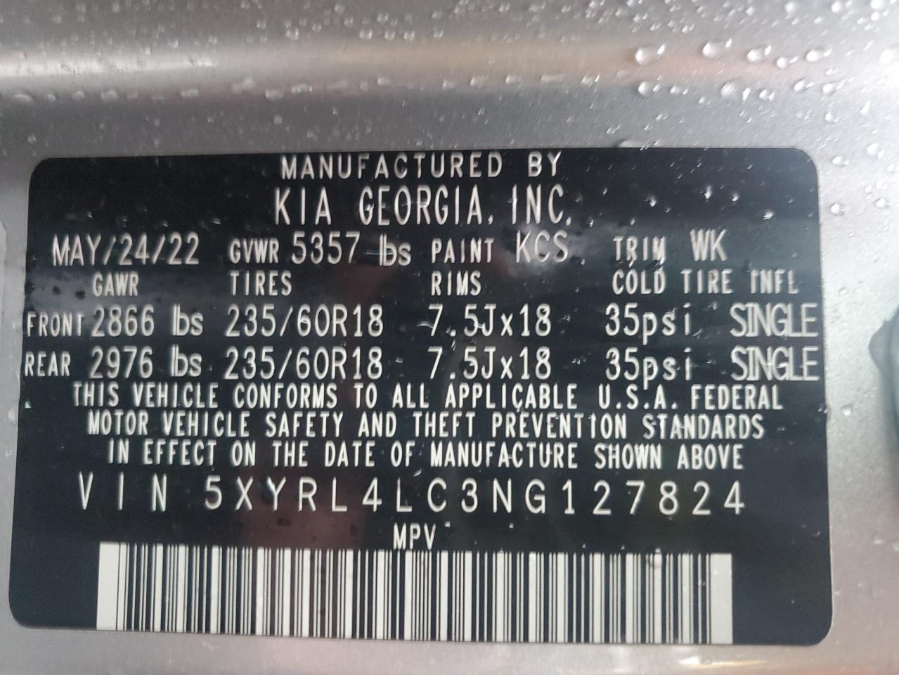 2022 KIA SORENTO S VIN:5XYRL4LC3NG127824