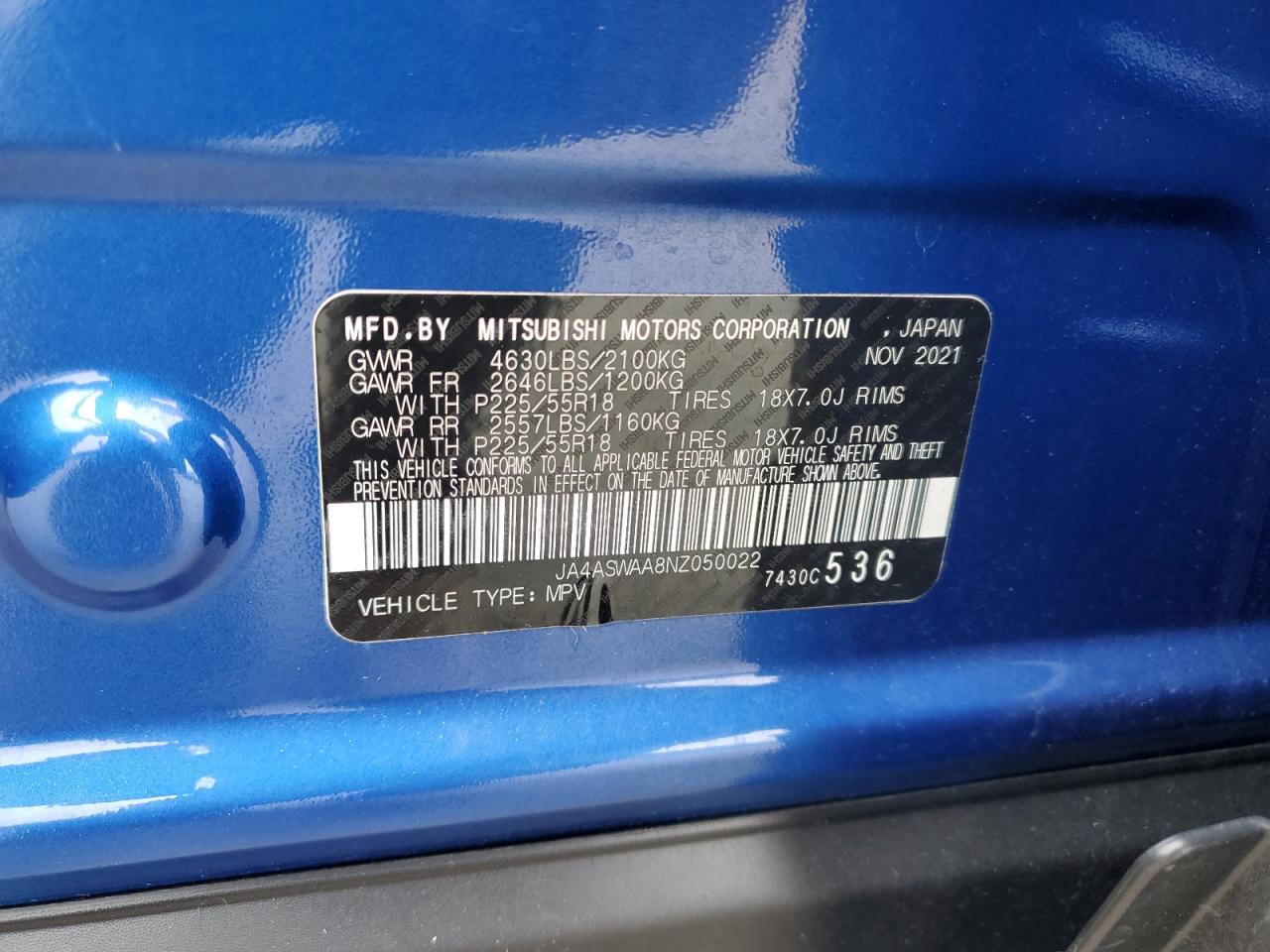 2022 MITSUBISHI ECLIPSE CROSS SE VIN:JA4ASWAA8NZ050022