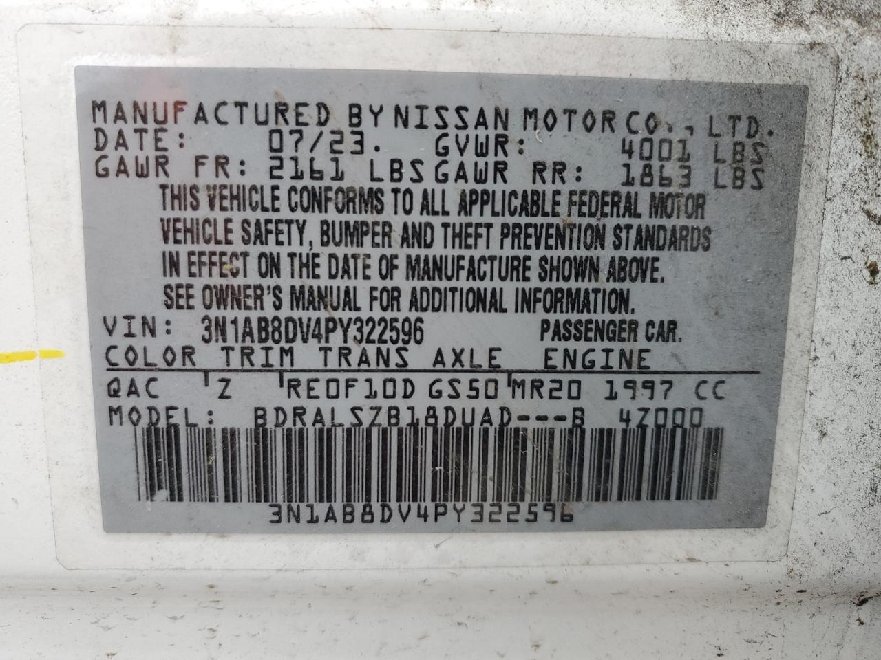2023 NISSAN SENTRA SR VIN:3N1AB8DV4PY322596