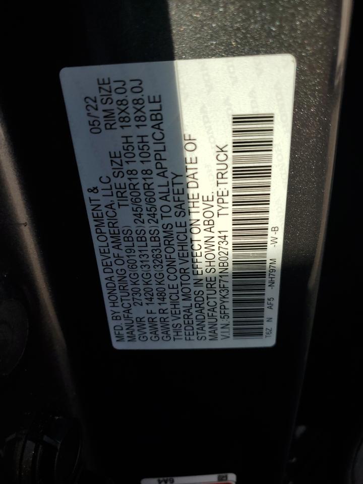 2022 HONDA RIDGELINE RTL VIN:5FPYK3F71NB027341