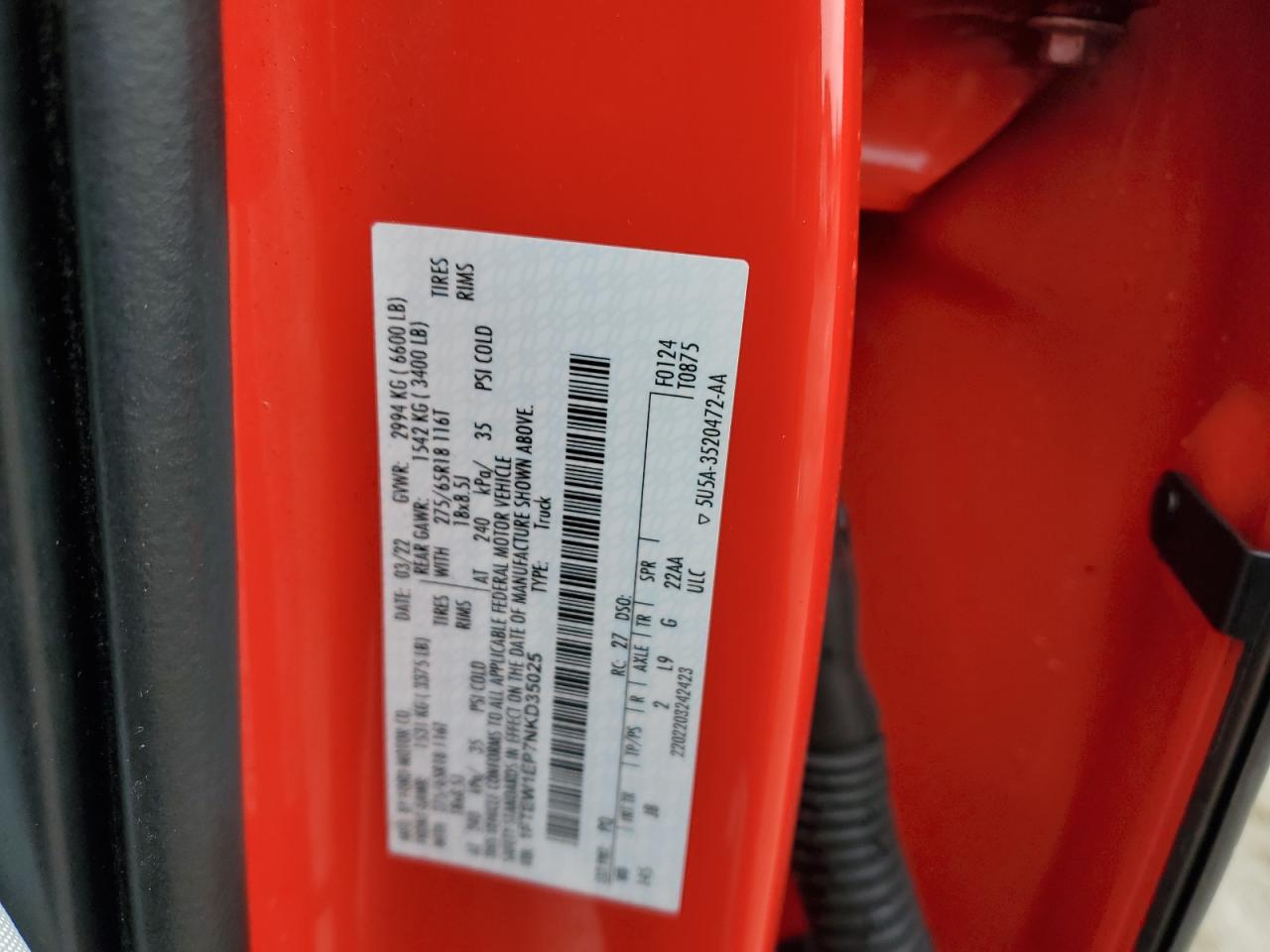 2022 FORD F150 SUPERCREW VIN:1FTEW1EP7NKD35025