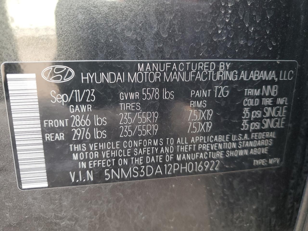 2023 HYUNDAI SANTA FE SEL PREMIUM VIN:5NMS3DA12PH016922