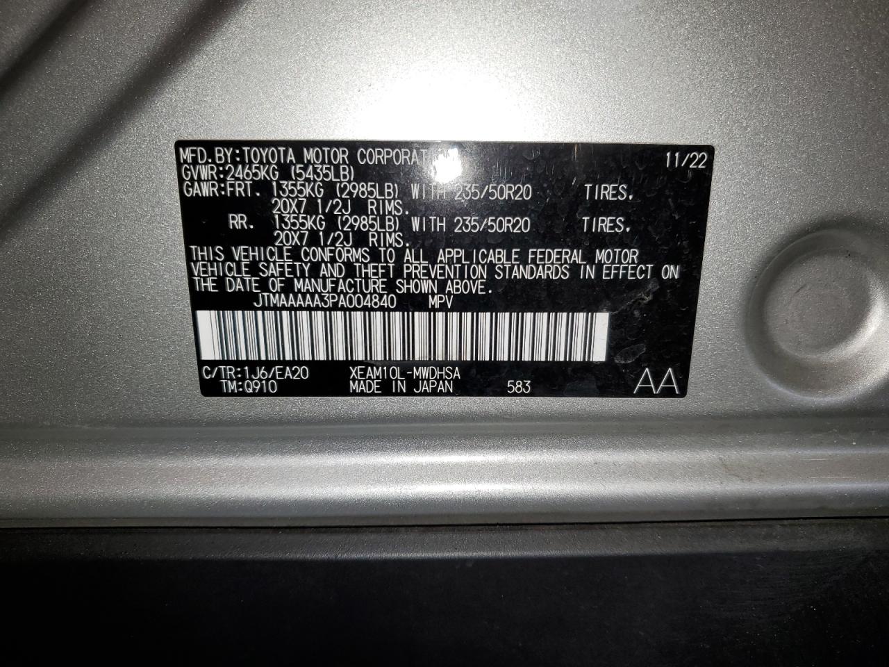 2023 TOYOTA BZ4X XLE VIN:JTMAAAAA3PA004840