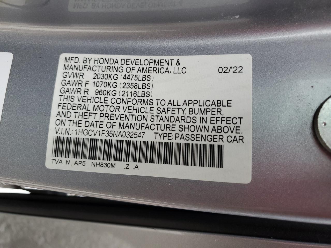 2022 HONDA ACCORD SPORT VIN:1HGCV1F35NA032547