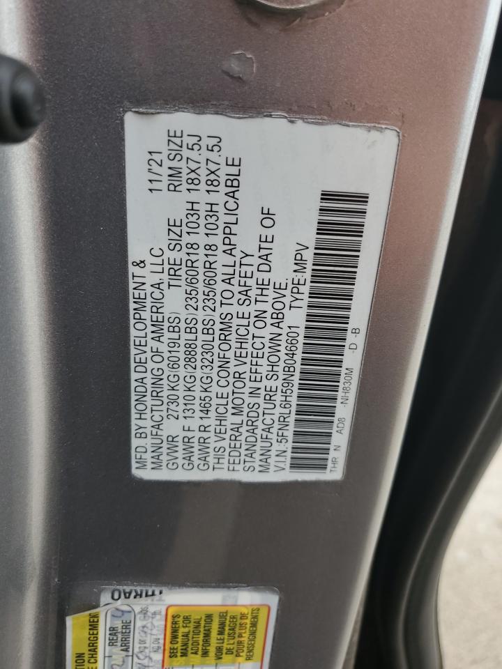 2022 HONDA ODYSSEY EX VIN:5FNRL6H59NB046601