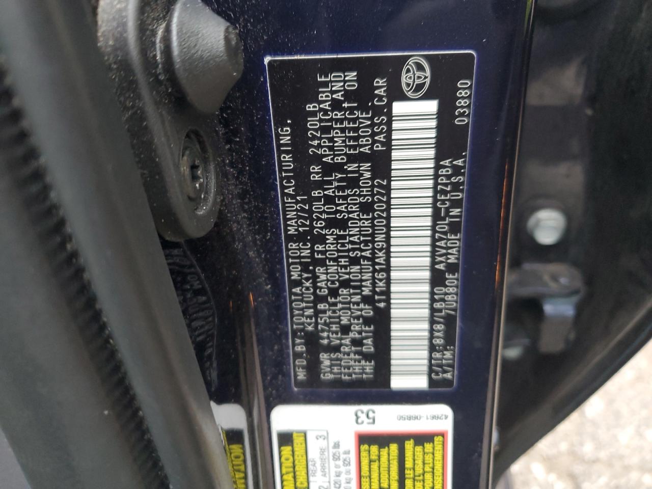 2022 TOYOTA CAMRY XSE VIN:4T1K61AK9NU020272