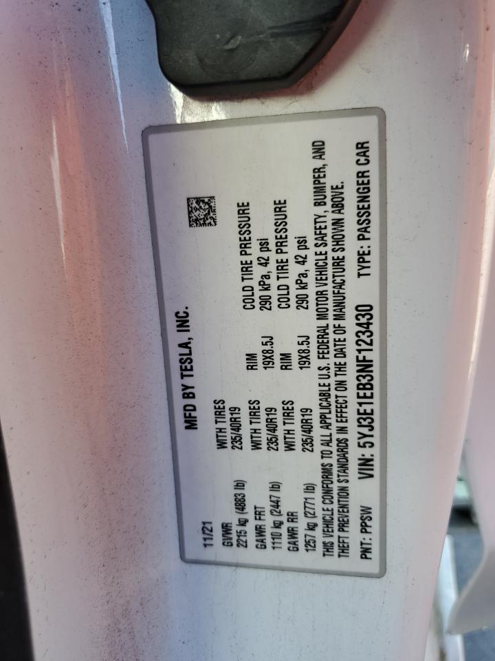 2022 TESLA MODEL 3  VIN:5YJ3E1EB3NF123430