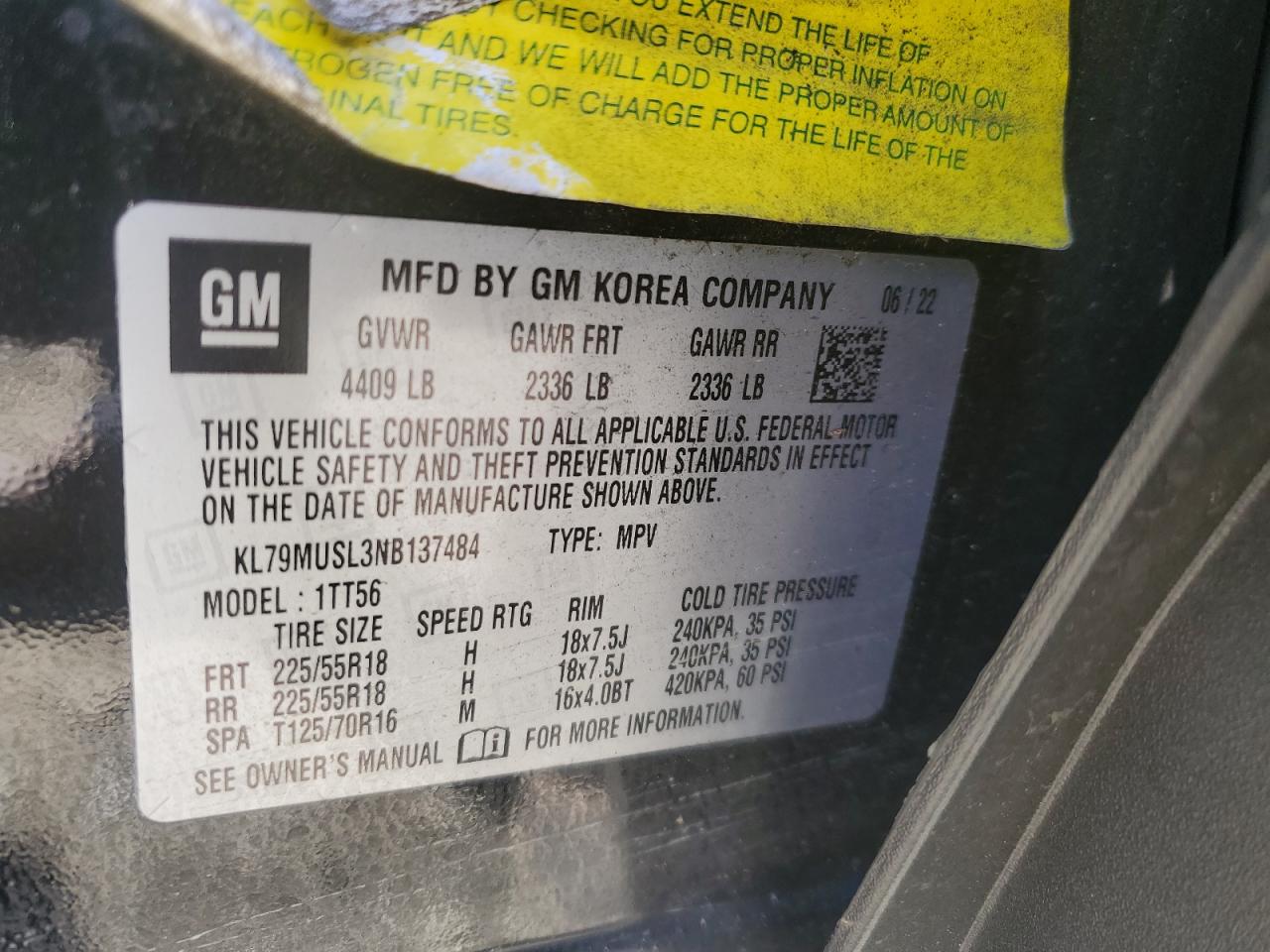 2022 CHEVROLET TRAILBLAZER RS VIN:KL79MUSL3NB137484