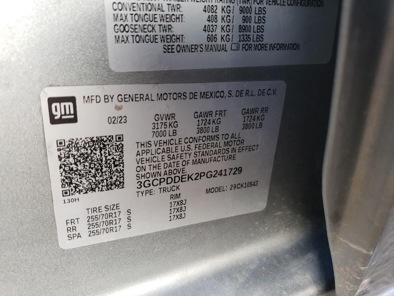 2023 CHEVROLET SILVERADO K1500 LT VIN:3GCPDDEK2PG241729