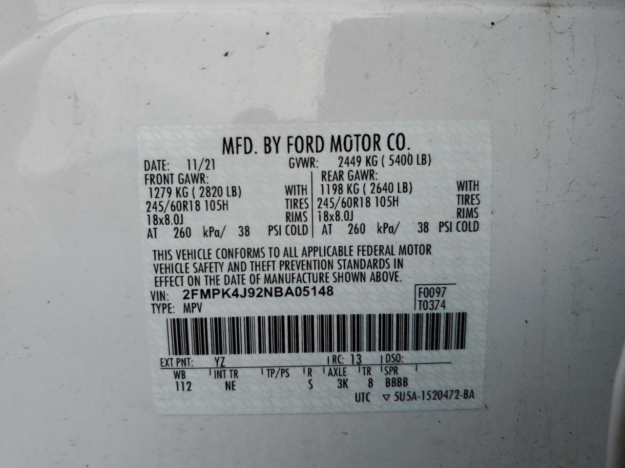 2022 FORD EDGE SEL VIN:2FMPK4J92NBA05148