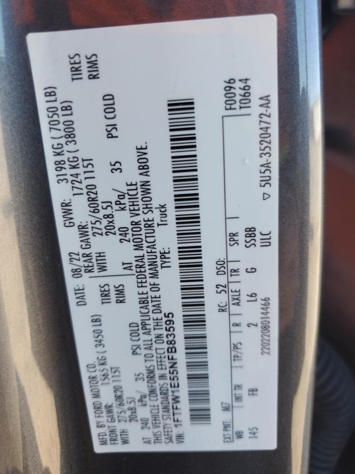 2022 FORD F150 SUPERCREW VIN:1FTFW1E55NFB83595