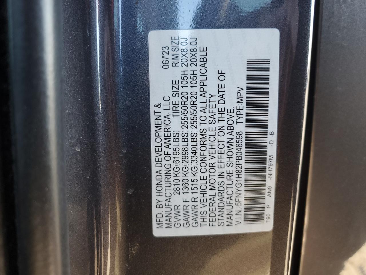 2023 HONDA PILOT ELITE VIN:5FNYG1H82PB046598