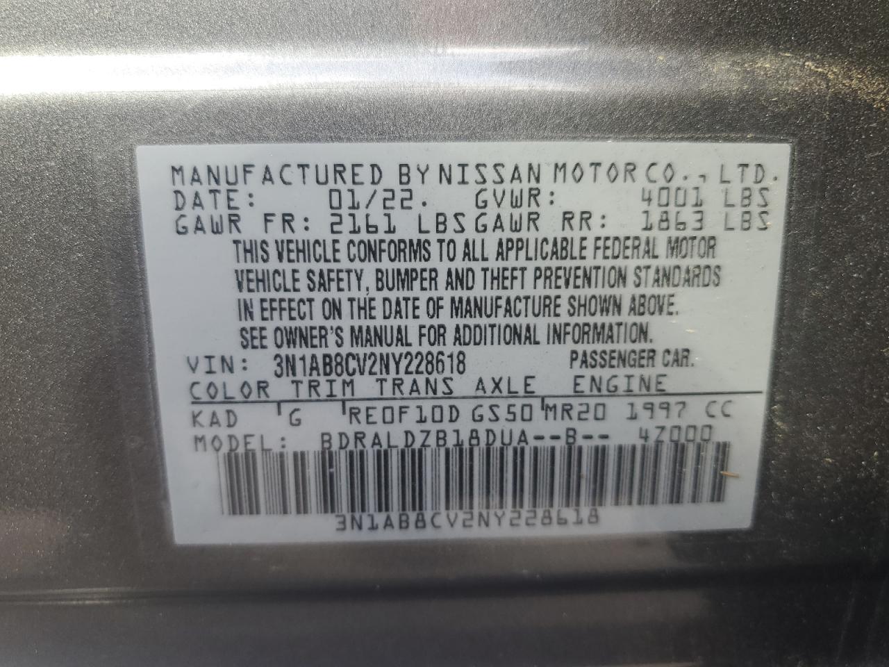 2022 NISSAN SENTRA SV VIN:3N1AB8CV2NY228618