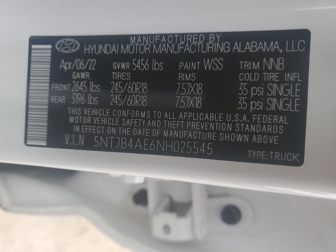 2022 HYUNDAI SANTA CRUZ SEL VIN:5NTJB4AE6NH025545