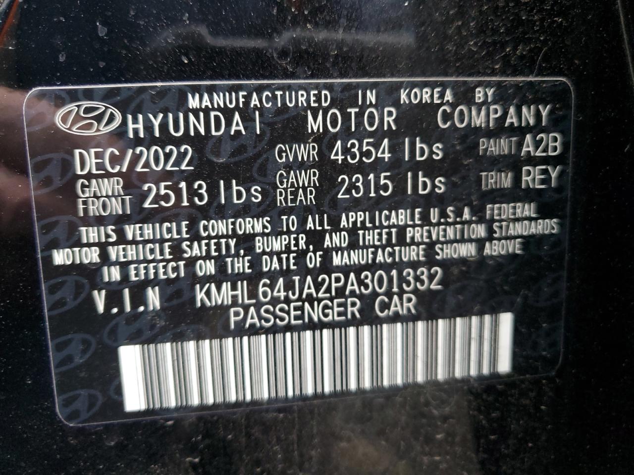 2023 HYUNDAI SONATA SEL VIN:KMHL64JA2PA301332