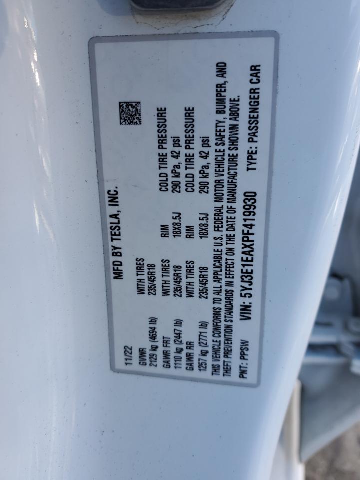 2023 TESLA MODEL 3  VIN:5YJ3E1EAXPF419930