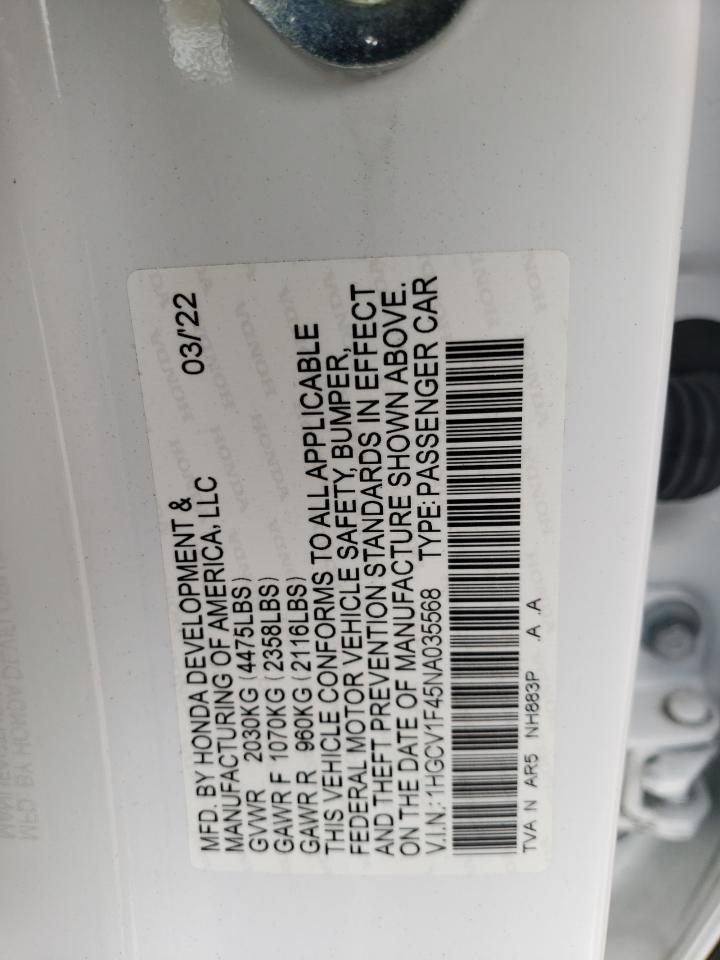 2022 HONDA ACCORD SPORT SE VIN:1HGCV1F45NA035568