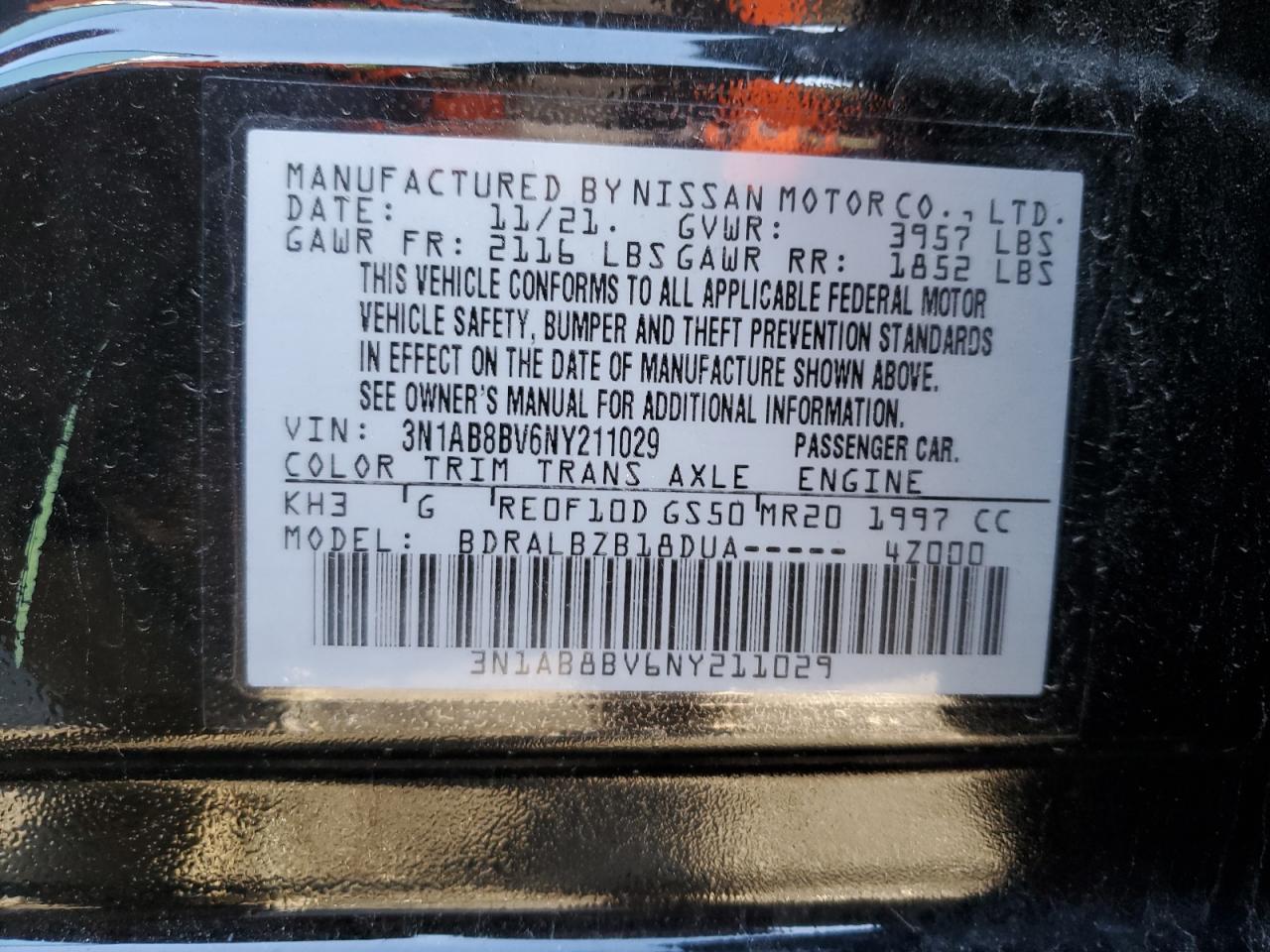 2022 NISSAN SENTRA S VIN:3N1AB8BV6NY211029