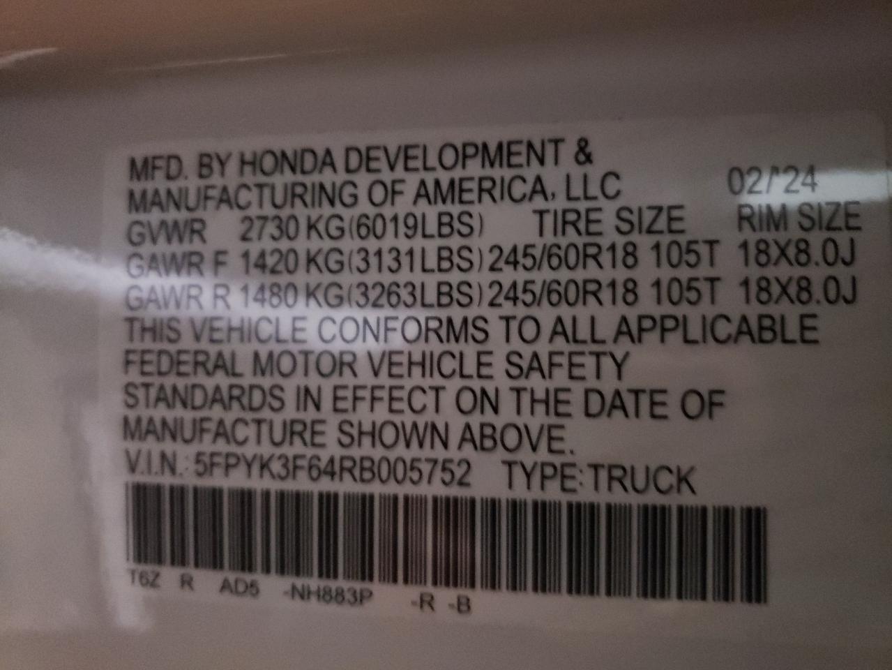 2024 HONDA RIDGELINE TRAIL SPORT VIN:5FPYK3F64RB005752