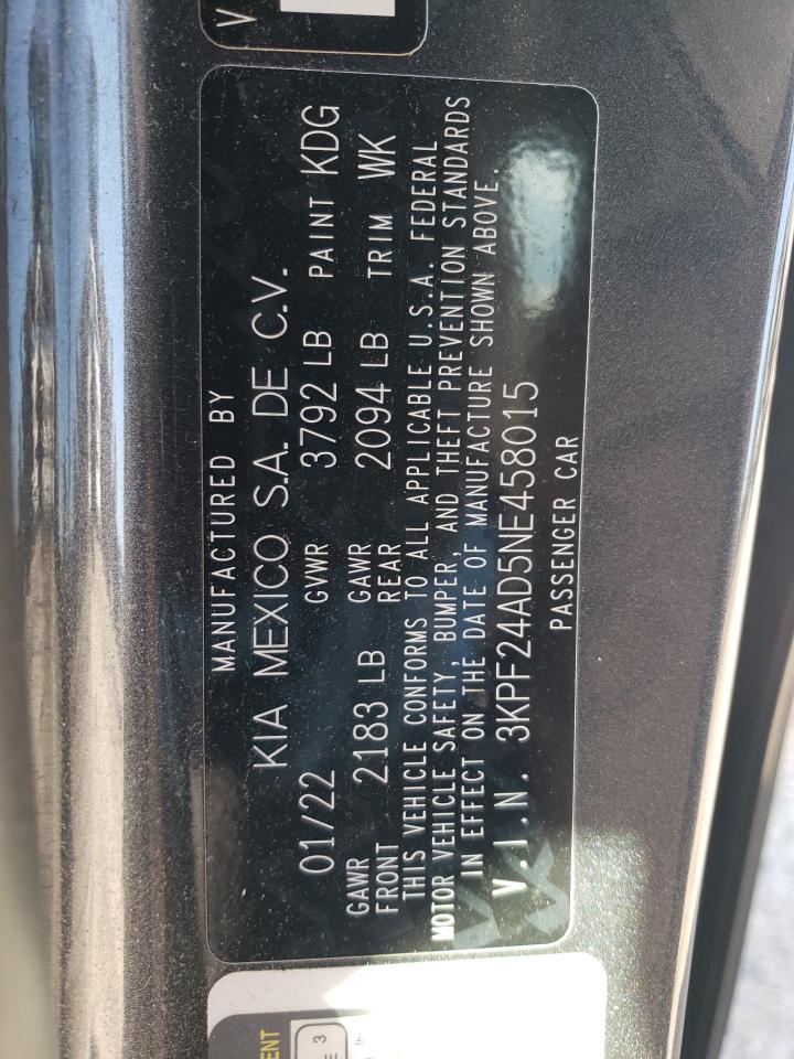 2022 KIA FORTE FE VIN:3KPF24AD5NE458015