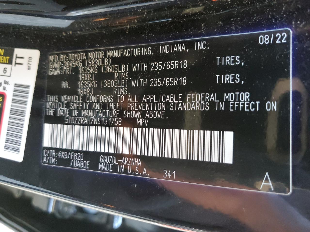 2022 TOYOTA HIGHLANDER L VIN:5TDZZRAH7NS131758