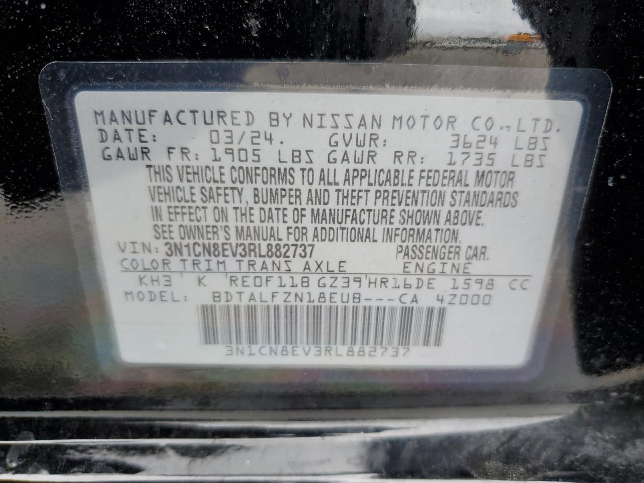 2024 NISSAN VERSA SV VIN:3N1CN8EV3RL882737