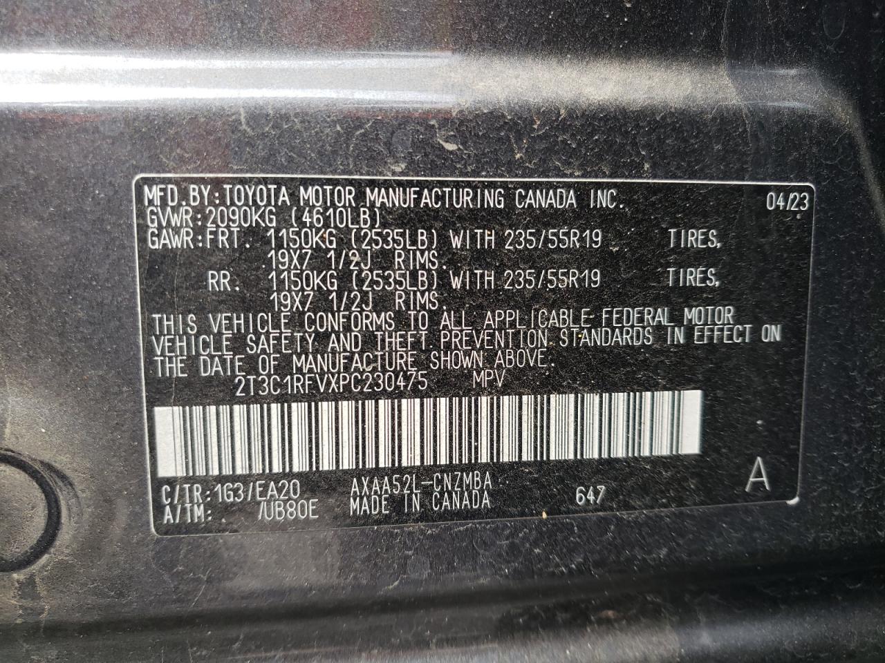 2023 TOYOTA RAV4 XLE PREMIUM VIN:2T3C1RFVXPC230475