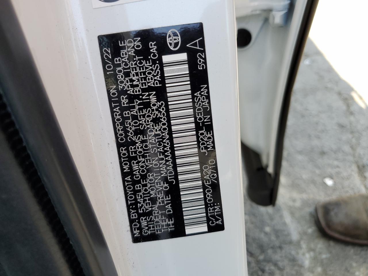 2022 TOYOTA MIRAI LE VIN:JTDAAAAA6NA006563