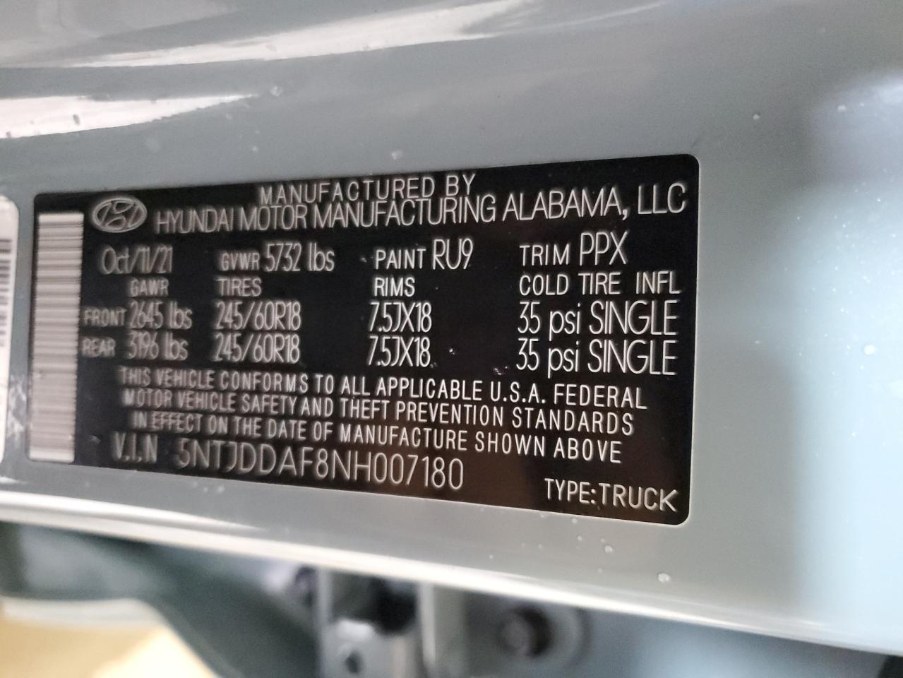 2022 HYUNDAI SANTA CRUZ SEL PREMIUM VIN:5NTJDDAF8NH007180